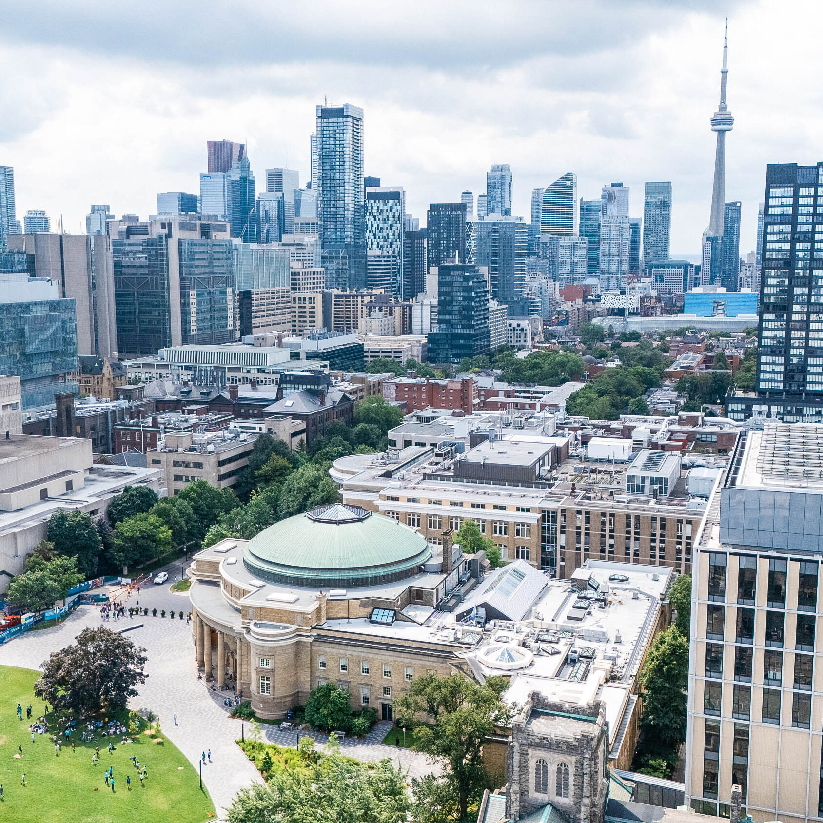 Aerial view of front campus and the CN tower at the end